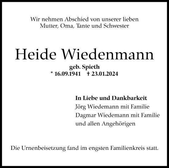 Traueranzeige von Heide Wiedenmann von Eßlinger Zeitung/Cannstatter Zeitung