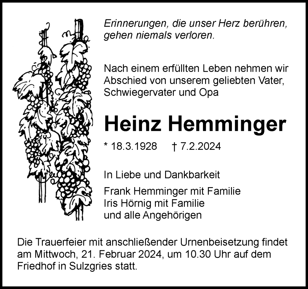  Traueranzeige für Heinz Hemminger vom 17.02.2024 aus Eßlinger Zeitung/Cannstatter Zeitung