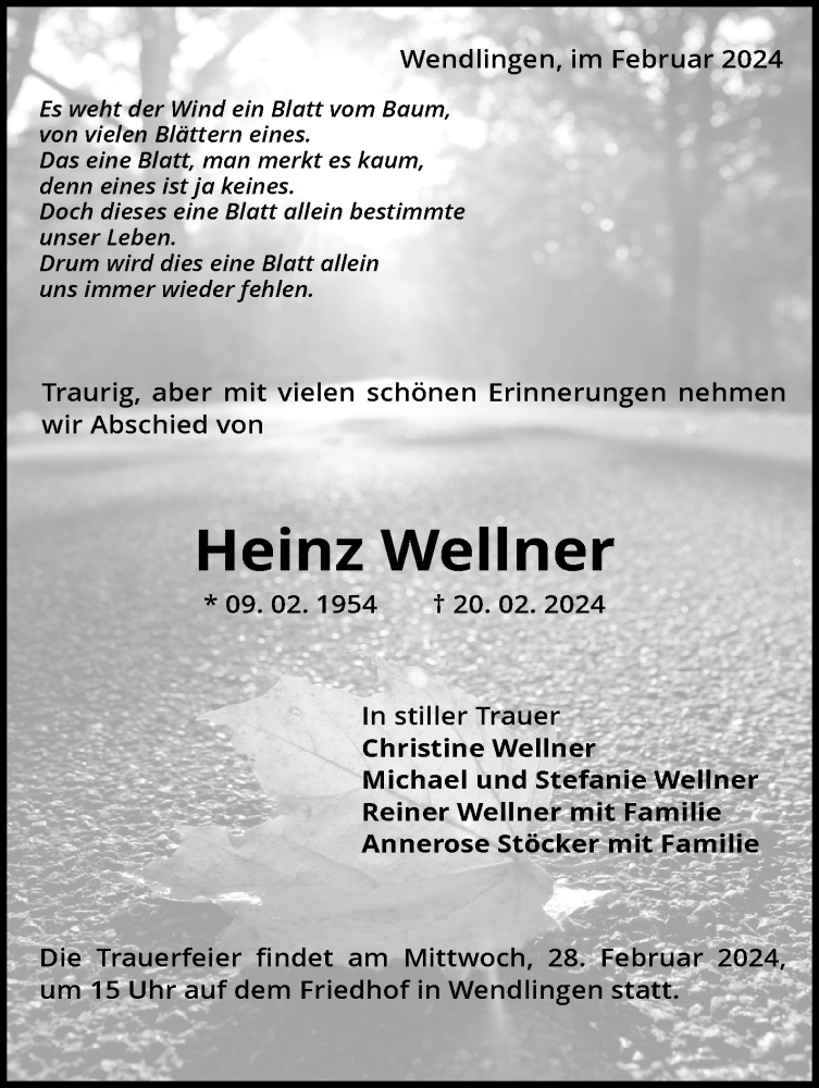  Traueranzeige für Heinz Wellner vom 26.02.2024 aus Eßlinger Zeitung/Cannstatter Zeitung