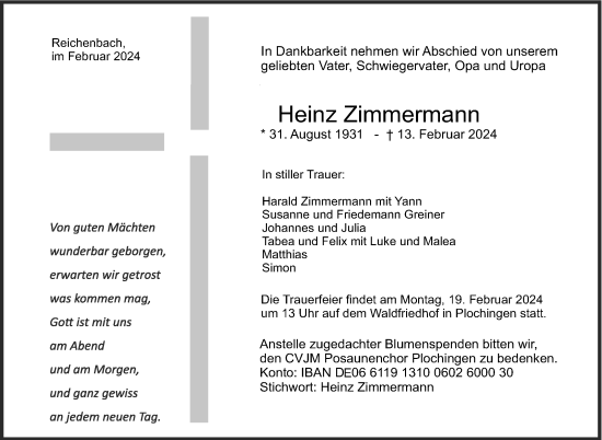 Traueranzeige von Heinz Zimmermann von Eßlinger Zeitung/Cannstatter Zeitung