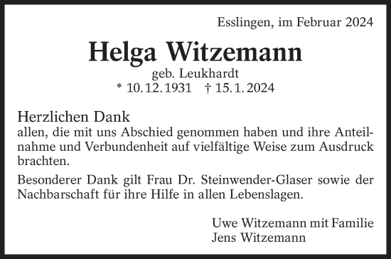 Traueranzeige von Helga Witzemann von Eßlinger Zeitung/Cannstatter Zeitung