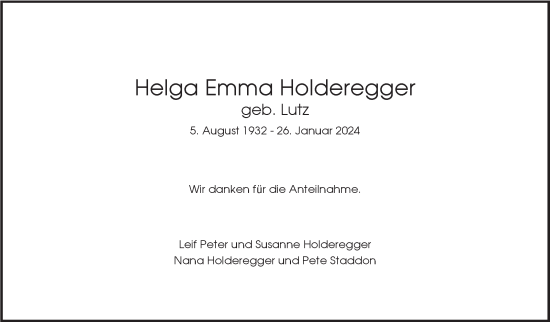 Traueranzeige von Helga Emma Holderegger von Eßlinger Zeitung/Cannstatter Zeitung