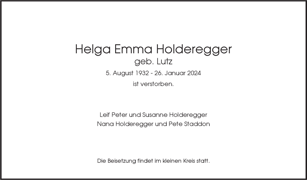  Traueranzeige für Helga Emma Holderegger vom 03.02.2024 aus Eßlinger Zeitung/Cannstatter Zeitung