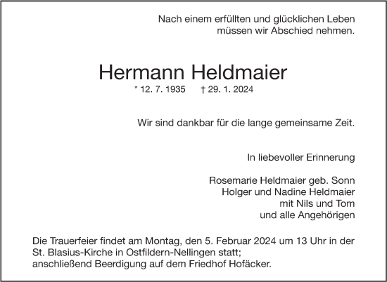 Traueranzeige von Hermann Heldmaier von Eßlinger Zeitung/Cannstatter Zeitung