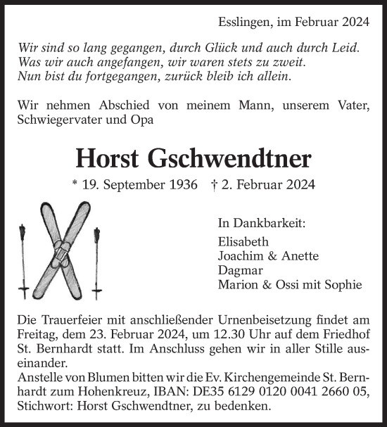 Traueranzeige von Horst Gschwendtner von Eßlinger Zeitung/Cannstatter Zeitung
