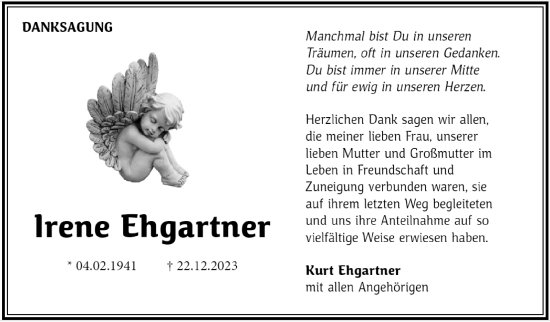 Traueranzeige von Irene Ehgartner von Eßlinger Zeitung/Cannstatter Zeitung