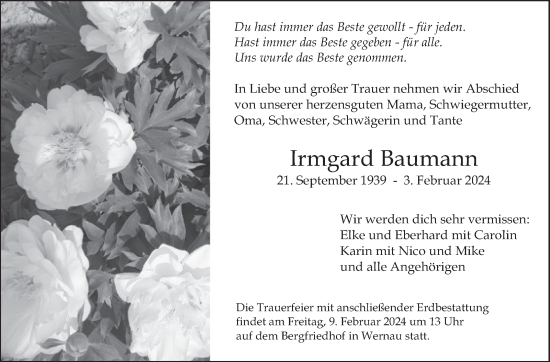 Traueranzeige von Irmgard Baumann von Eßlinger Zeitung/Cannstatter Zeitung