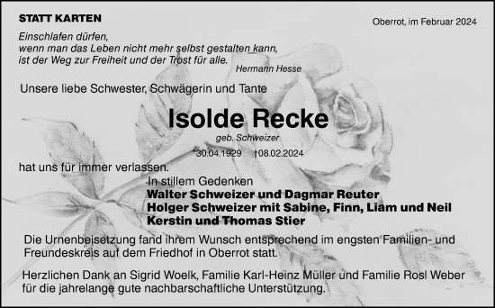 Traueranzeige von Isolde Recke von Eßlinger Zeitung/Cannstatter Zeitung