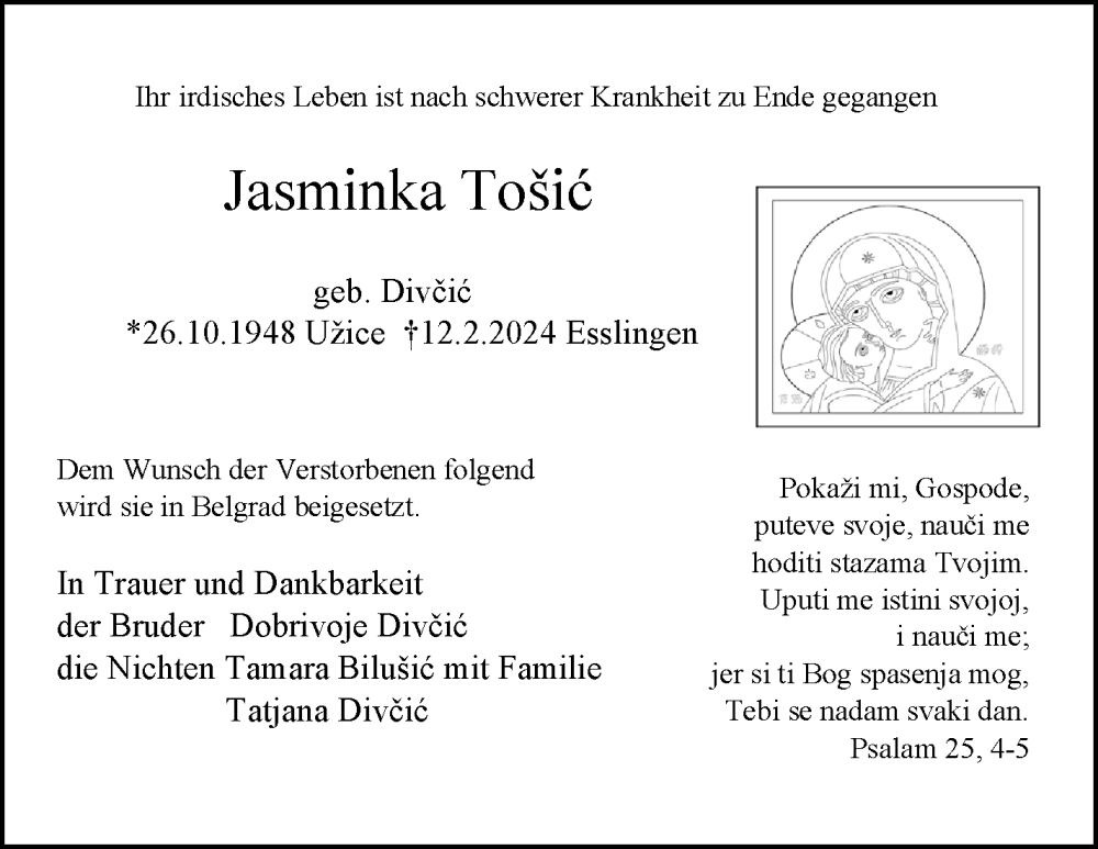  Traueranzeige für Jasminka Tosic vom 19.02.2024 aus Eßlinger Zeitung/Cannstatter Zeitung