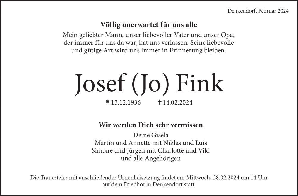  Traueranzeige für Josef Fink vom 24.02.2024 aus Eßlinger Zeitung/Cannstatter Zeitung