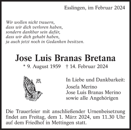 Traueranzeige von Jose Luis Branas Bretana von Eßlinger Zeitung/Cannstatter Zeitung
