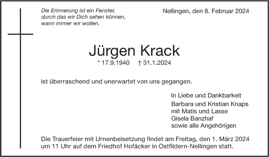 Traueranzeige von Jürgen Krack von Eßlinger Zeitung/Cannstatter Zeitung