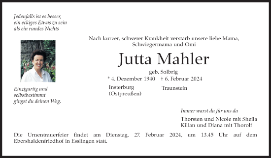 Traueranzeige von Jutta Mahler von Eßlinger Zeitung/Cannstatter Zeitung