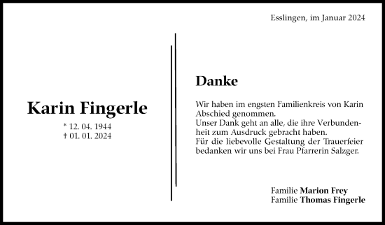 Traueranzeige von Karin Fingerle von Eßlinger Zeitung/Cannstatter Zeitung