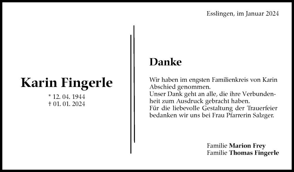  Traueranzeige für Karin Fingerle vom 10.02.2024 aus Eßlinger Zeitung/Cannstatter Zeitung