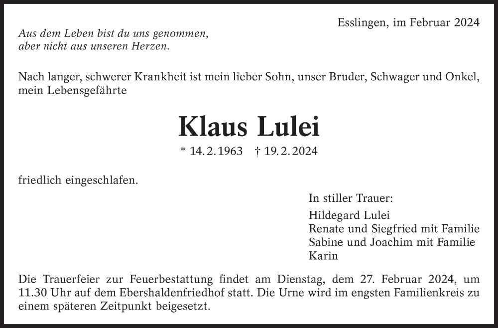  Traueranzeige für Klaus Lulei vom 24.02.2024 aus Eßlinger Zeitung/Cannstatter Zeitung