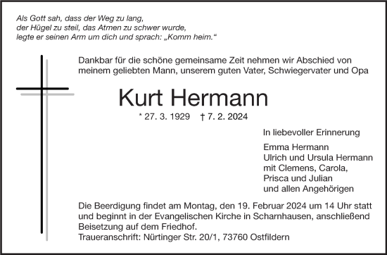 Traueranzeige von Kurt Hermann von Eßlinger Zeitung/Cannstatter Zeitung