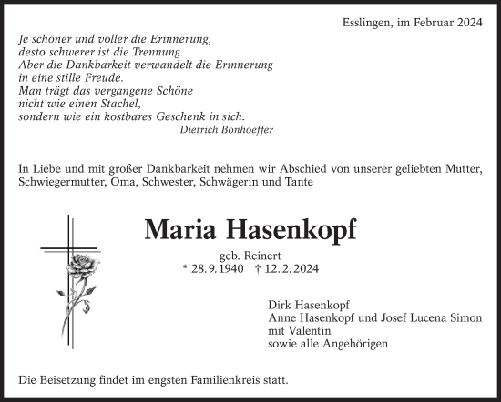 Traueranzeige von Maria Hasenkopf von Eßlinger Zeitung/Cannstatter Zeitung