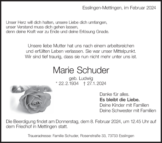 Traueranzeige von Marie Schuder von Eßlinger Zeitung/Cannstatter Zeitung