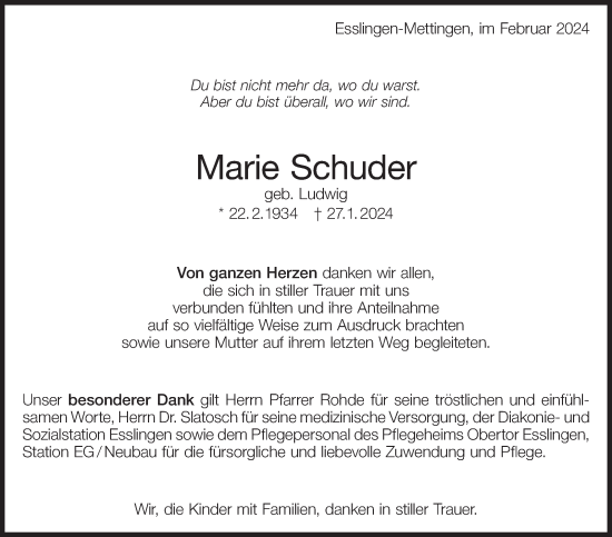 Traueranzeige von Marie Schuder von Eßlinger Zeitung/Cannstatter Zeitung