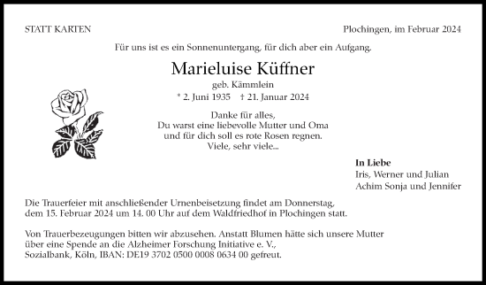 Traueranzeige von Marieluise Küffner von Eßlinger Zeitung/Cannstatter Zeitung