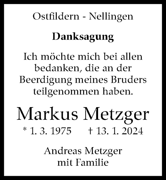 Traueranzeige von Markus Metzger von Eßlinger Zeitung/Cannstatter Zeitung
