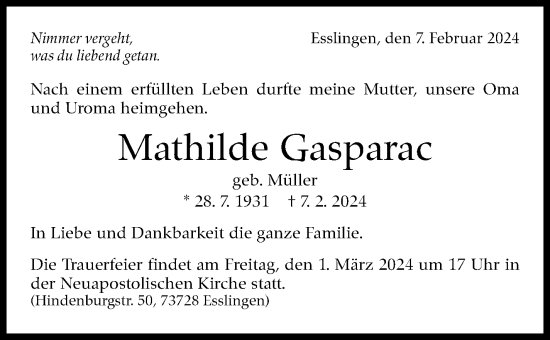 Traueranzeige von Mathilde Gasparac von Eßlinger Zeitung/Cannstatter Zeitung
