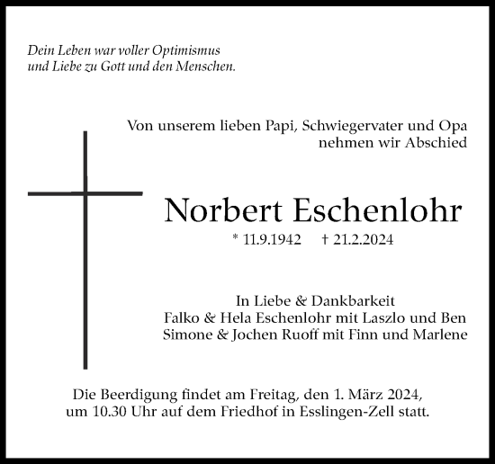 Traueranzeige von Norbert Eschenlohr von Eßlinger Zeitung/Cannstatter Zeitung