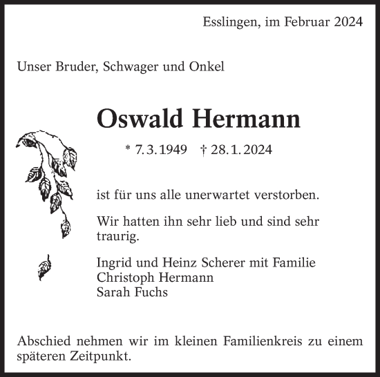 Traueranzeige von Oswald Hermann von Eßlinger Zeitung/Cannstatter Zeitung
