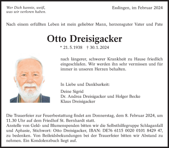Traueranzeige von Otto Dreisigacker von Eßlinger Zeitung/Cannstatter Zeitung