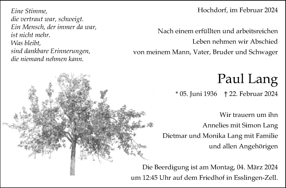  Traueranzeige für Paul Lang vom 28.02.2024 aus Eßlinger Zeitung/Cannstatter Zeitung