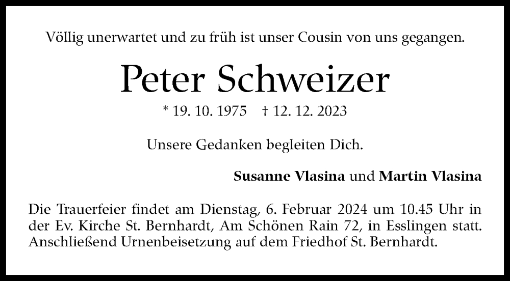  Traueranzeige für Peter Schweizer vom 31.01.2024 aus Eßlinger Zeitung/Cannstatter Zeitung
