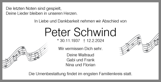 Traueranzeige von Peter Schwind von Eßlinger Zeitung/Cannstatter Zeitung