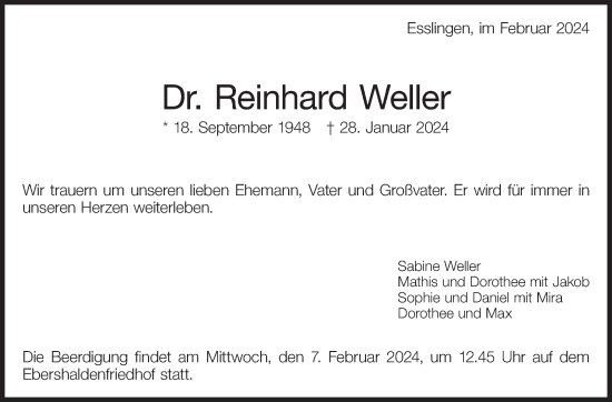 Traueranzeige von Reinhard Weller von Eßlinger Zeitung/Cannstatter Zeitung