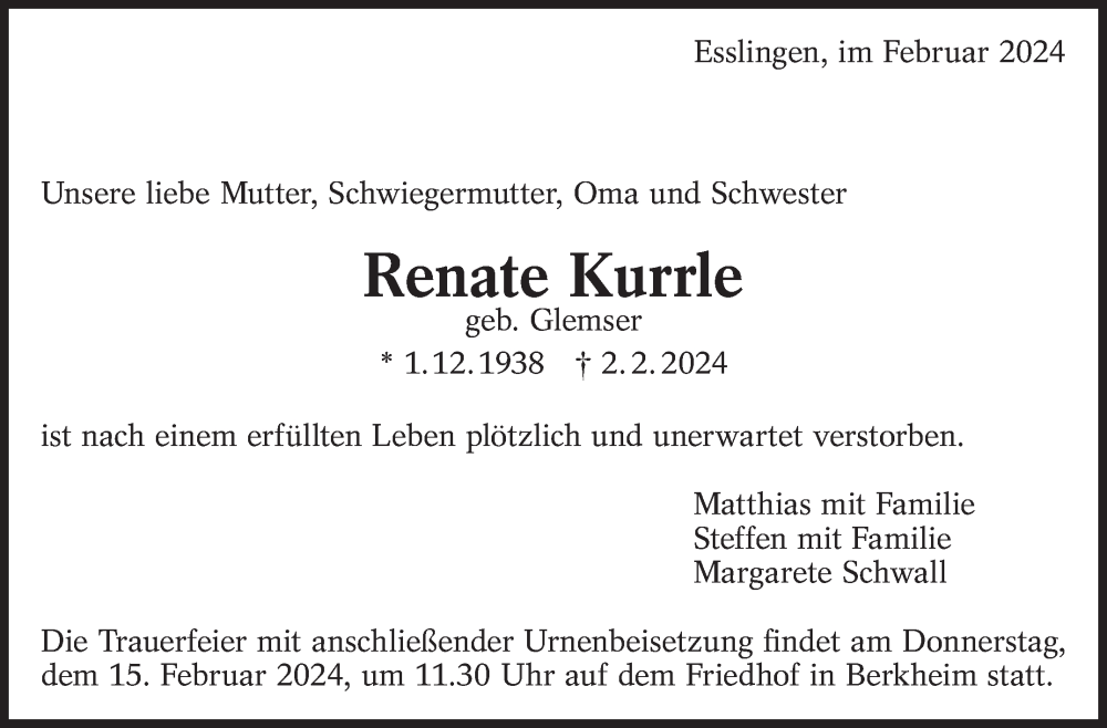  Traueranzeige für Renate Kurrle vom 10.02.2024 aus Eßlinger Zeitung/Cannstatter Zeitung