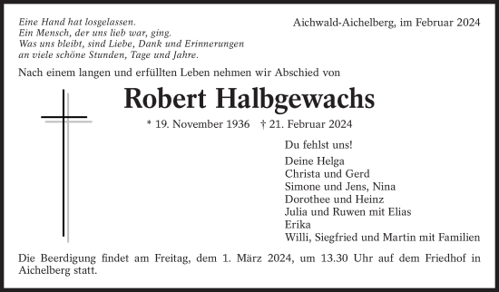 Traueranzeige von Robert Halbgewachs von Eßlinger Zeitung/Cannstatter Zeitung