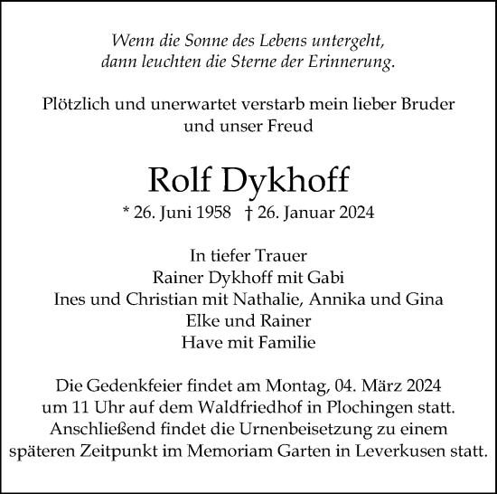 Traueranzeige von Rolf Dykhoff von Eßlinger Zeitung/Cannstatter Zeitung