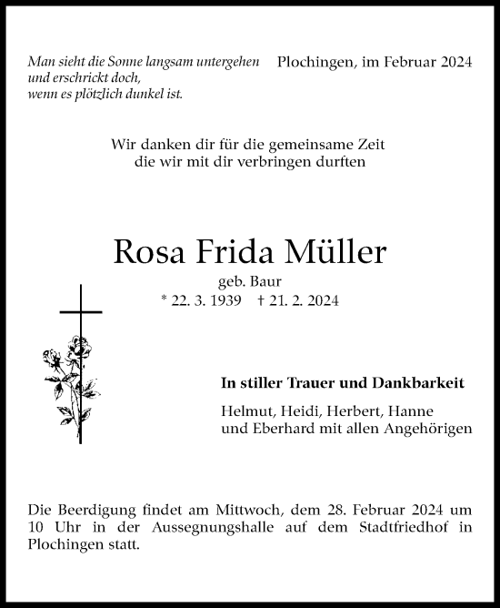 Traueranzeige von Rosa Frida Müller von Eßlinger Zeitung/Cannstatter Zeitung