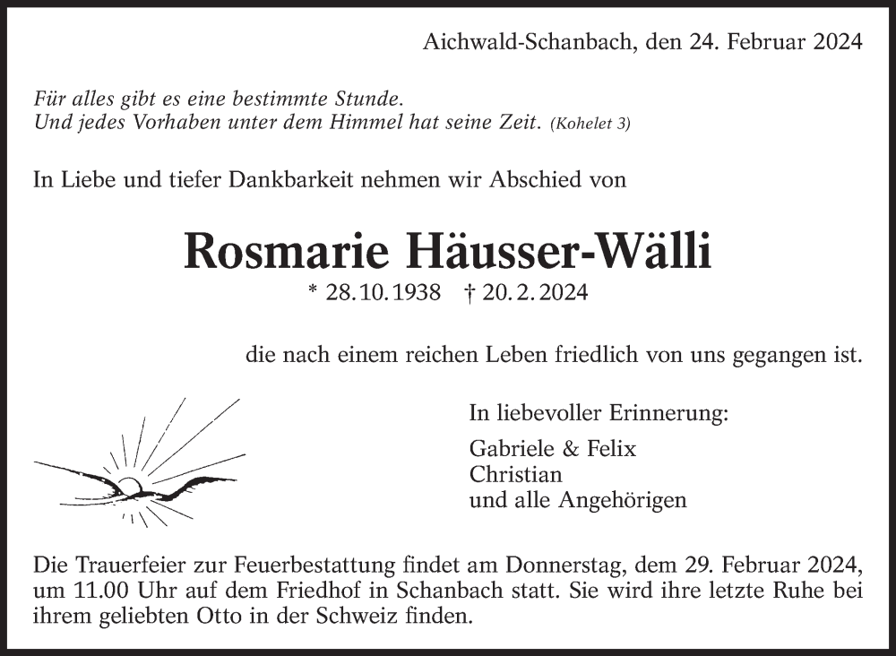  Traueranzeige für Rosmarie Häusser-Wälli vom 24.02.2024 aus Eßlinger Zeitung/Cannstatter Zeitung