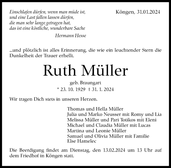 Traueranzeige von Ruth Müller von Eßlinger Zeitung/Cannstatter Zeitung