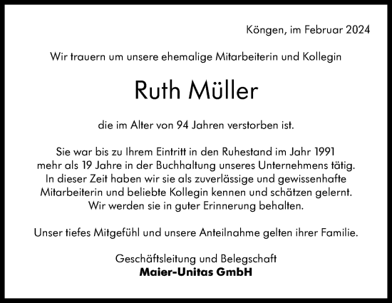 Traueranzeige von Ruth Müller von Eßlinger Zeitung/Cannstatter Zeitung