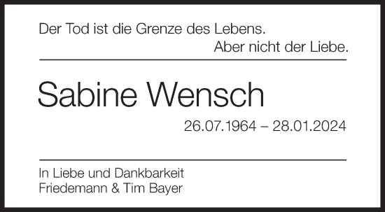 Traueranzeige von Sabine Wensch von Eßlinger Zeitung/Cannstatter Zeitung