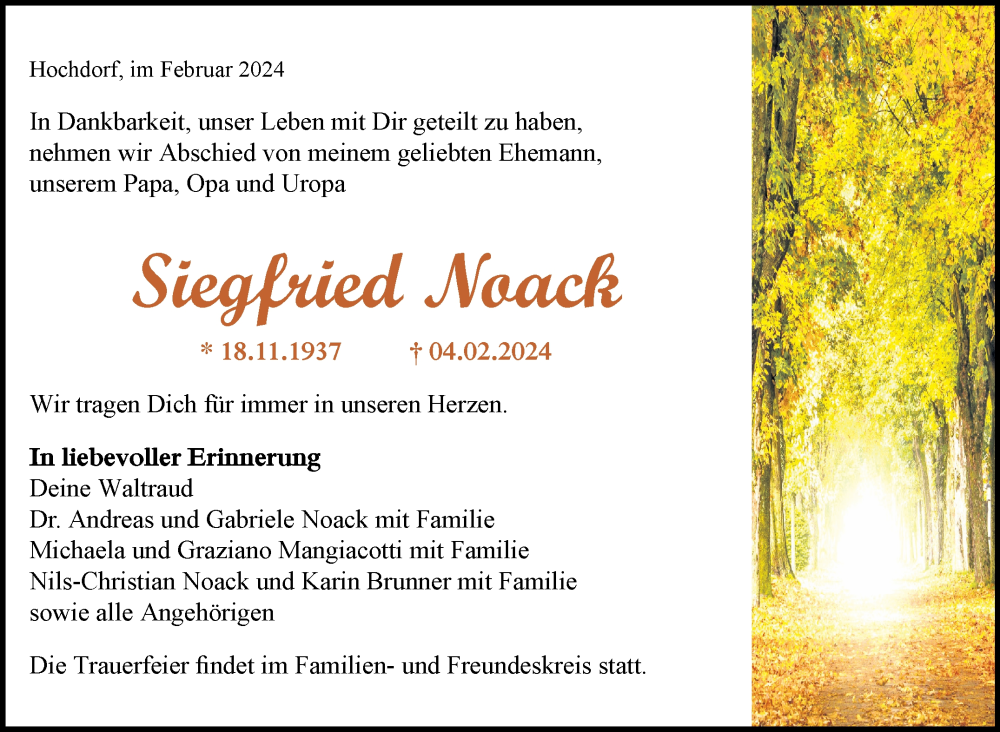  Traueranzeige für Siegfried Noack vom 15.02.2024 aus Eßlinger Zeitung/Cannstatter Zeitung