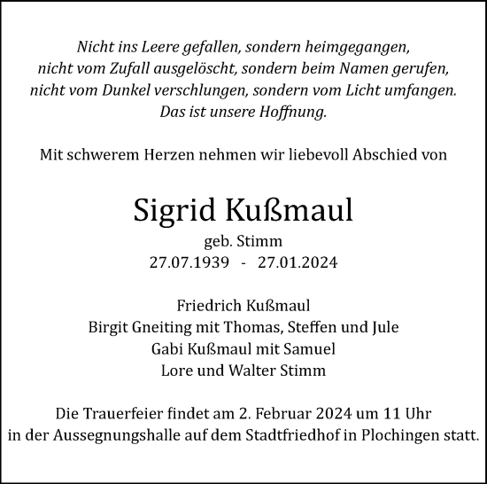 Traueranzeige von Sigrid Kußmaul von Eßlinger Zeitung/Cannstatter Zeitung