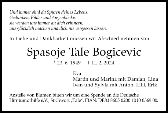 Traueranzeige von Spasoje Tale Bogicevic von Eßlinger Zeitung/Cannstatter Zeitung