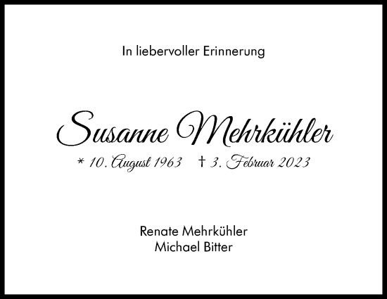 Traueranzeige von Susanne Mehrkühler von Eßlinger Zeitung/Cannstatter Zeitung