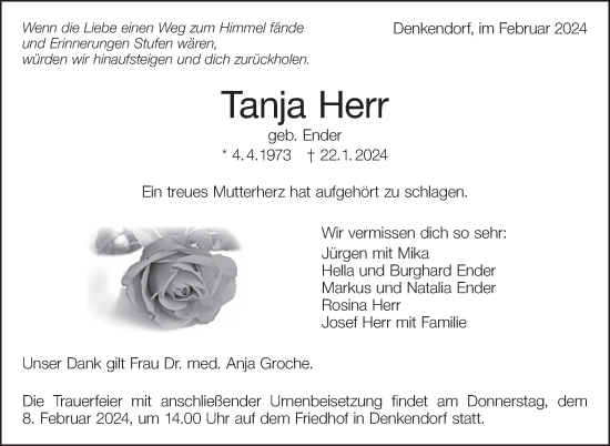 Traueranzeige von Tanja Herr von Eßlinger Zeitung/Cannstatter Zeitung