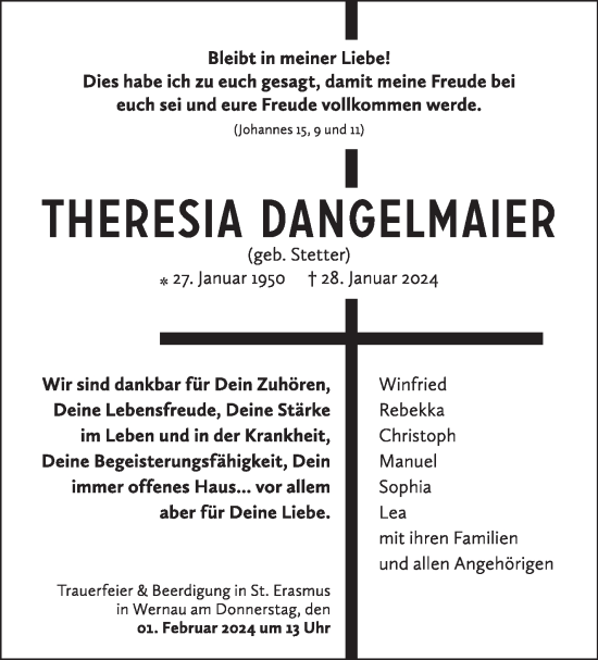 Traueranzeige von Theresia Dangelmaier von Eßlinger Zeitung/Cannstatter Zeitung