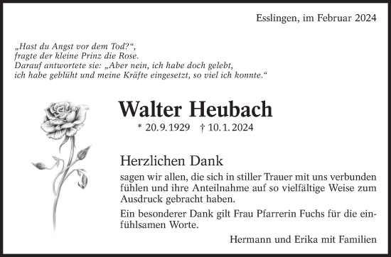 Traueranzeige von Walter Heubach von Eßlinger Zeitung/Cannstatter Zeitung