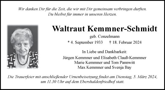 Traueranzeige von Waltraut Kemmner-Schmidt von Eßlinger Zeitung/Cannstatter Zeitung